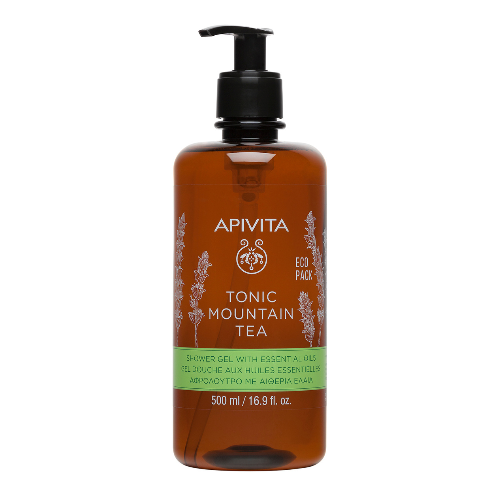 Gel de ducha tónico de té de montaña Apivita con aceites esenciales Eco Pack 500 ml